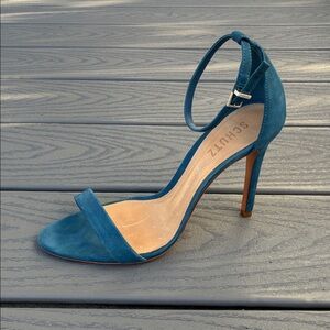 Schutz Open Toe Leather Sandals Shoes Stiletto Heel Ankle Strap Blue Size 8